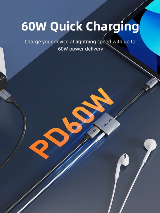 Адаптер CABLETIME CPA1G (CT-CMAC-AG) USB C на 3,5 мм аудио+USB C PD 60 Вт