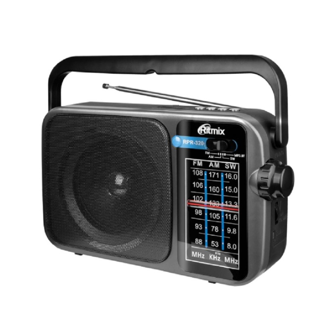 Радиоприёмник RITMIX RPR-320 переносной, AM/FM, звук 8 Вт,USB, microSD,СВ MW , КВ SW , УКВ VHF ,1 200 мА·ч