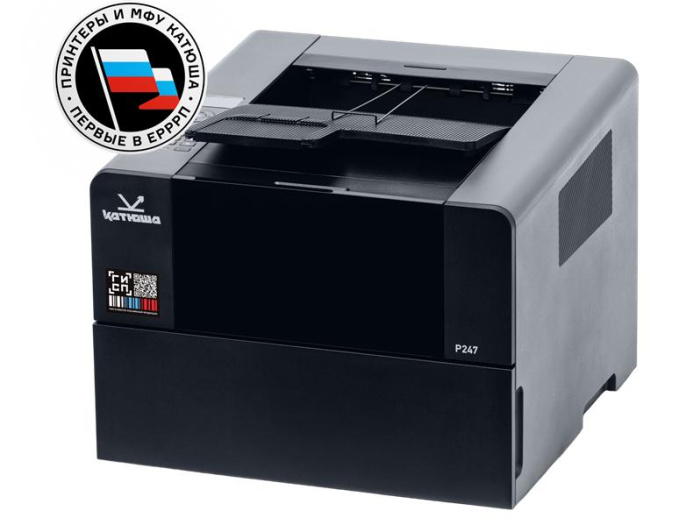Принтер Катюша P247ep, 47 стр/мин А4 Ч/Б, 1200 dpi. CPU 1 ГГц, 2 ГБ RAM, Ethernet, USB, USB-host, Wi-Fi. PS3, PCL5/6, PDF, GDI. 2,2" экран + клавиатура. Тонер 3 000 отп., 13 000 отп. Российская сборка