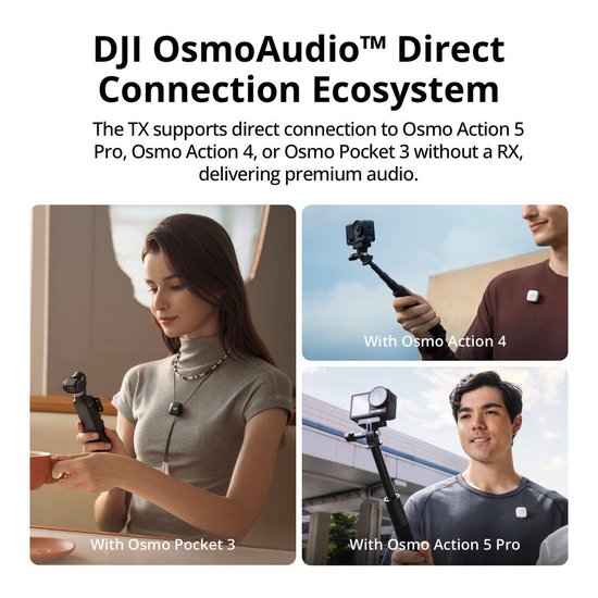 Радиосистема DJI Mic Mini (1TX + 1RX DM3004) электретный (малый конденсатор), петличный/портативный, для интервью и репортажей/для смартфонов, круговая направленность, 20-20000 Гц, разъем подключения USB Type-C/3.5 мм, радиус действия 400 м, время работы