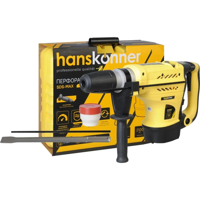 Перфоратор Hanskonner HRH2145MVE мощность: 2100 Вт, энергия удара: 20 Дж, частота ударов: 2300-4300 уд/мин, скорость вращения: 320-550 об/мин, патрон: SDS MAX, морозоустойчивый кабель, диаметр сверления