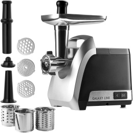 Мясорубка Galaxy Line GL2423 7020424230 2200 Вт, производительность: 2.6 кг/мин, реверс, материал корпуса: металл/пластик, 3 формовочных диска, 3 терки, цвет: серебристый, черный