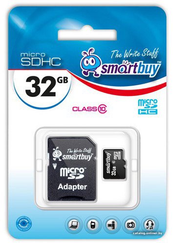 Карта памяти SmartBuy microSDHC Class 10 32GB (SB32GBSDCL10-01) 32 ГБ, класс 10, чтение: 10 МБ/с, запись: 10 МБ/с, адаптер