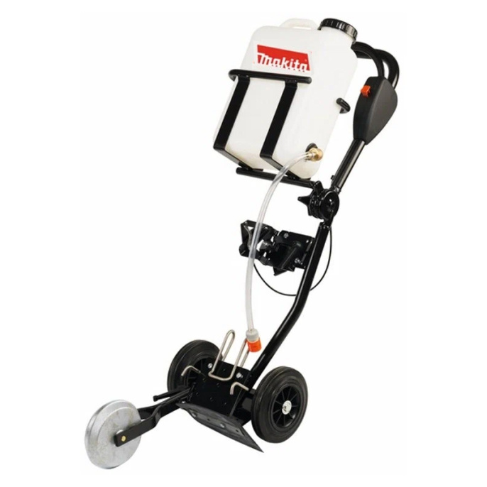Тележка для бензореза Makita DT4000 394369610 возможен рез вплотную к стене или бордюру, кнопка безопасности и привод аварийного отключения газа, в комплекте: бак для воды 15 л , ограничитель глубины реза, фильтр для воды