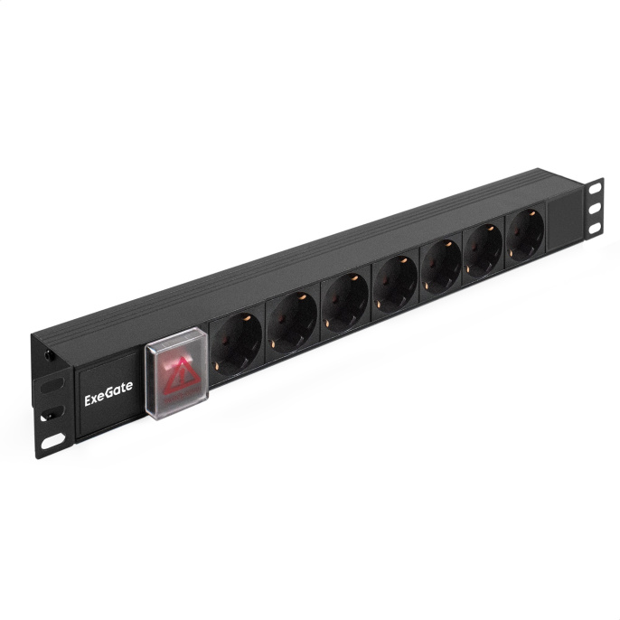 Блок розеток с выключателем с подсветкой и разъемом подключения C20 ExeGate ServerPro PDU-19H703 Al-7S-C20-SW (19", 1U, Алюминий, 7*EU/Тип F(Schuko), IEC 320 C20, выкл. с подсветкой, черный, RTL) EX280838RUS
