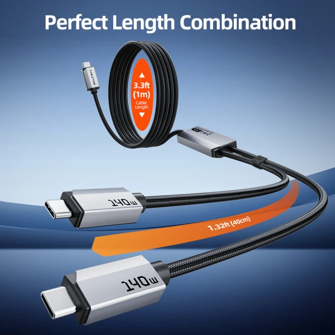 Кабель CABLETIME CU14J (CT-2CM140-AG) 1.5м USB-C на два USB-C 140 Вт черный плетеный