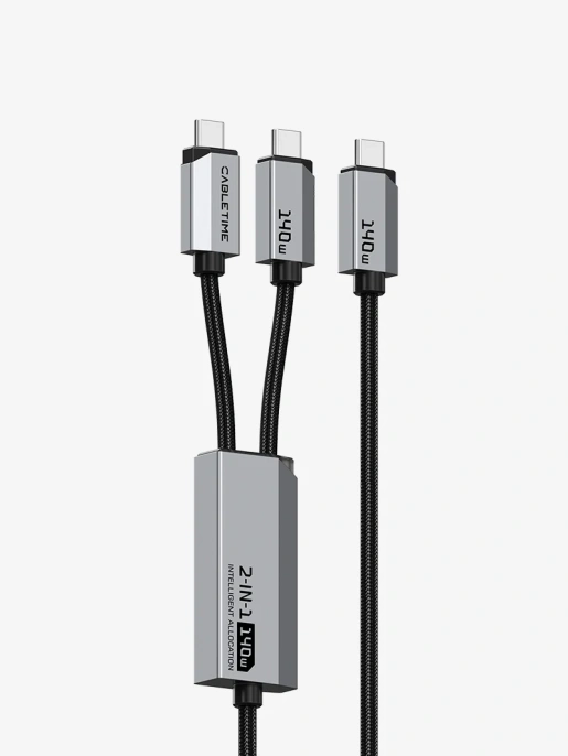 Кабель CABLETIME CU14J (CT-2CM140-AG) 1.5м USB-C на два USB-C 140 Вт черный плетеный