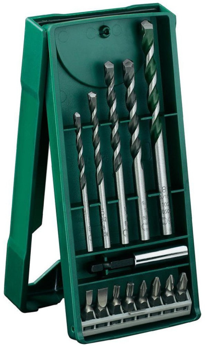 Набор бит и сверл Bosch Mini X-Line 14 предметов 2.607.017.161 комплектация: 8хбит, 5хсверло, удлинитель для бит; биты: T20, T25, SL4, SL6, PH1, PH2, PZ1, PZ2, хвостовик 1/4"; сверла: D3 мм, 4 мм, 5 мм, 6 мм, 8 мм, спиральные, цилиндрический хвостовик