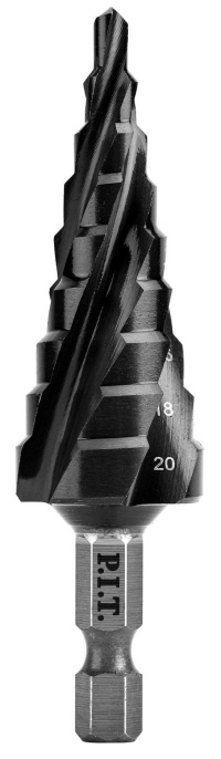 Сверло P.I.T. AMED17-0420 по металлу ступенчатое, ADVANCE Ø4-20мм, шаг 9х2мм, 4 спирали, HEX1/4"