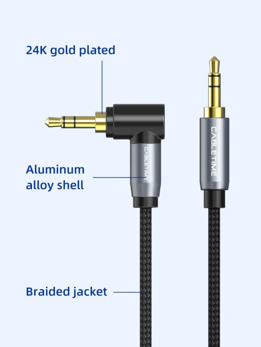 Аудиокабель CABLETIME CF12K (CT-AV311-P11RGN-SG1.8) 1.8 м, AUX стерео 3,5 мм (1/8") 90 градусов, медный, черный ПВХ нейлоновый