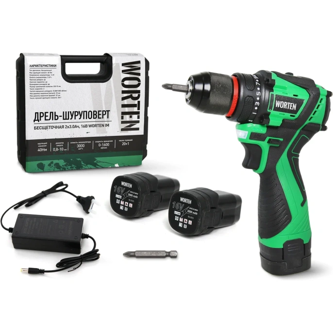 Дрель-шуруповерт бесщеточная WORTEN 2x3.0Ач, 16В IM КА-90000576
