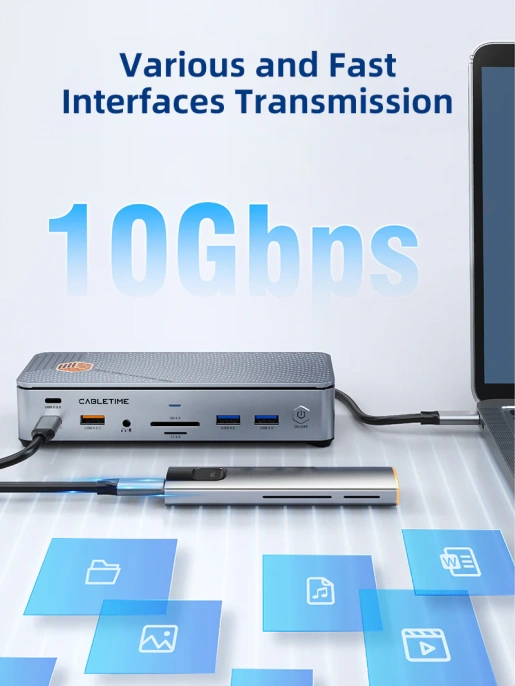 Многопортовая док-станция CABLETIME CB14G (CT-DK142-AG) с 3 монитора 2 порта HDMI DisplayPort 8K USB 3.0 Ethernet