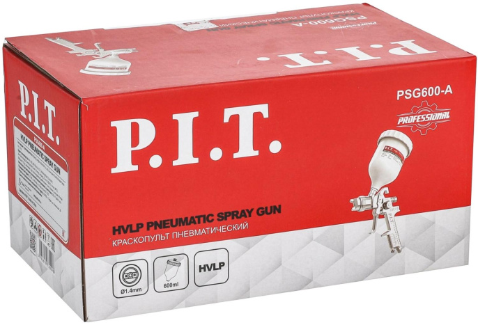 Пневматический краскопульт P.I.T. PSG600-A 43PSI, сопло 1.4 мм, бак 0.6 л, краска 210 мл/мин, 240 л/мин
