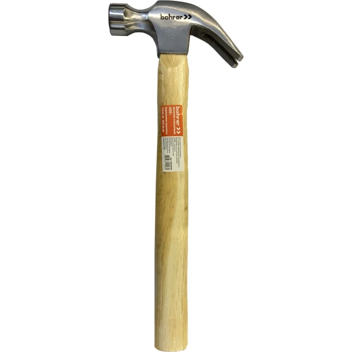 Молоток-гвоздодёр Bohrer 450 г. с деревянной рукояткой круглый боек, cталь 45015045
