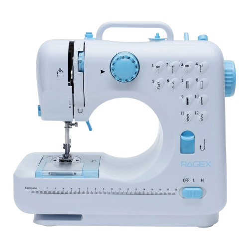Швейная мини-машинка RAGEX R1102-100, 12 типов стежков, 2 скорости + педаль, белая с голубым