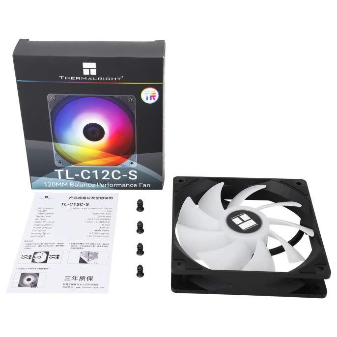 Кулер для корпуса Case Cooler Thermalright TL-C12C-S 120x120x25mm, 4-pin PWM, ARGB, 66.17CFM, 25.6dBA, 1550RPM, Black