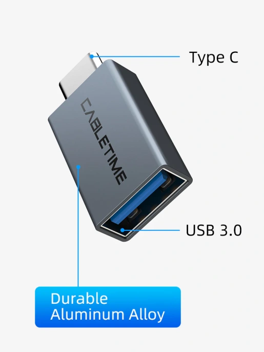 Адаптер CABLETIME CP76G (CT-C160-PU33-CMAF(OTG)-AS) USB-C Male to USB3.0 Female OTG. Алюминий