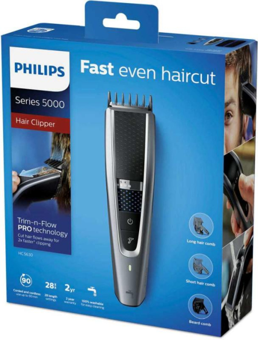 Машинка для стрижки волос Philips HC5630/15 для прически/для бороды и усов, длина стрижки: 0.5–28 мм, питание: от сети/от аккумулятора, автономная работа: 1 час 30 минут