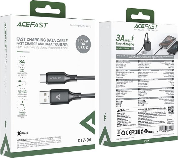 Кабель AceFast C17-04 USB Type-A - USB Type-C (1.2 м, черный) USB 2.0 Type-C/USB 2.0 Type-A, черный, длина 1.2 м