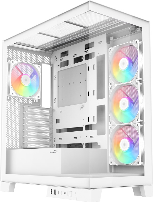 Корпус SAMA V50 White (V50-WHADA4X1-GL) (материал: сталь SPCC, окно: закалённое стекло, 1xUSB-C, 2xUSB3.0, Audio, без БП, 4x3.5” и 4x2.5”/3.5″, 7 слотов расширения, ATX, длина видеокарты: 410 мм, высота кулера: 180 мм, воздушное охлаждение: сверху 3х120мм