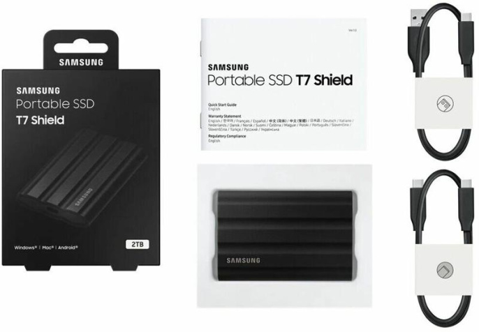 2ТБ Внешний диск SSD Samsung T7 Shield, USB-C, запись - 1000МБ/с, чтение - 1050МБ/с, черный [mu-pe2t0s/ww]