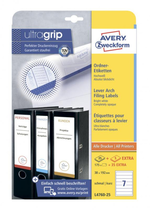 Этикетки Avery Zweckform L4760-25, A4, универсальная, 25л, 80г/м2, белый, 192мм х 38мм, 7шт