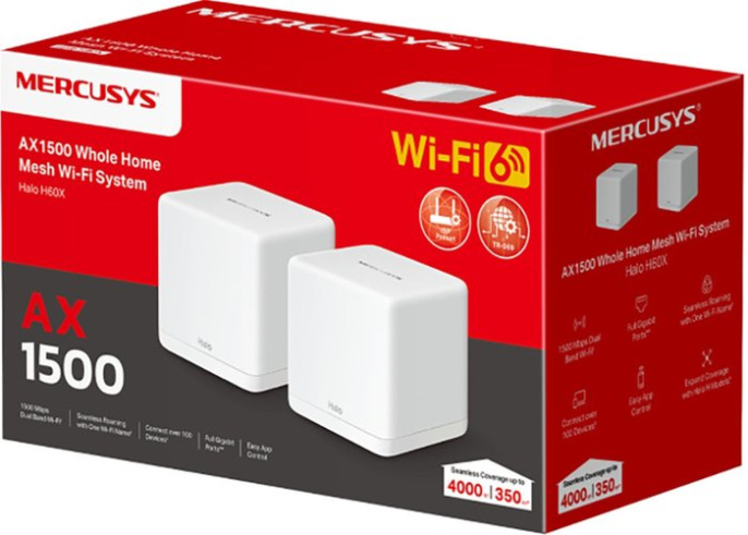 Бесшовный Mesh роутер Mercusys Halo H60X(2-pack) AX1500 10/100/1000BASE-TX белый (упак.:2шт)