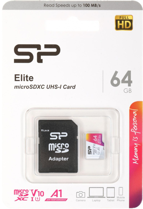 Карта памяти microSDXC UHS-I U1 Silicon Power Elite 64 ГБ, 100 МБ/с, Class 10, SP064GBSTXBV1V20SP,  1 шт., переходник SD