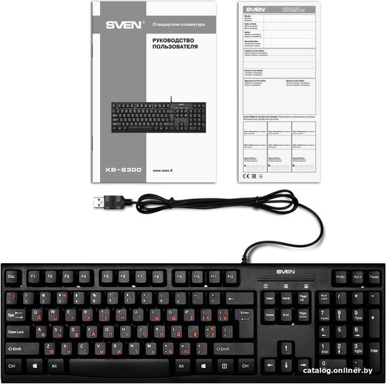 Клавиатура Sven KB-S300 black (USB) (SV-0157560) (проводная, USB, 104 кл., влагоустойчивая конструкция, комфортный, тихий и четкий ход клавиш)