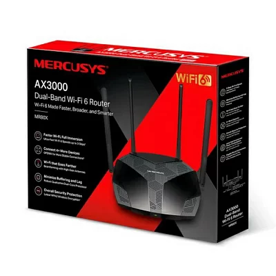 MERCUSYS AX3000 Двухдиапазонный Wi-Fi 6 роутер, до 574 Мбит/с на 2,4 ГГц + до 2402 Мбит/с на 5 ГГц, 4 фиксированные внешние антенны, 3 гигабитных порта LAN, 1 гигабитный порт WAN