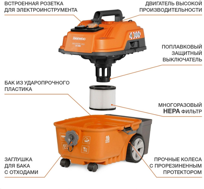 Строительный пылесос Daewoo DAVC 2014S, оранжевый