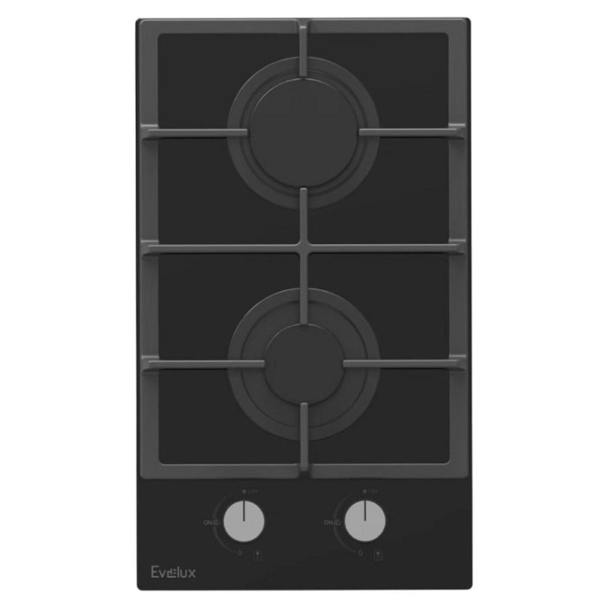 Газовая варочная панель EVELUX, Hi-Tech, 30 см, 2 конфорки, газ-контроль, электроподжиг, цвет черный