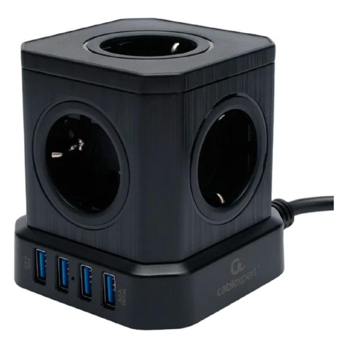 Cablexpert Сетевой фильтр Tower TWR-5-U4-B-3 Tower 5р, 10А, 4 х USB, 3.1А, 3м, ур.защиты 4+ черный, коробка {22553}