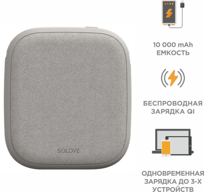 Мобильный аккумулятор Solove W5 10000mAh QC3.0/PD3.0/PE2.0 22.5W 2.1A 2xUSB-A/USB-C беспров.зар. серый W5 WHITE UPDATED RUS