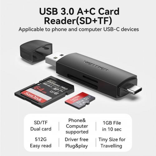 Картридер Vention USB 3.0 A+C SD+TF Черный CLKB0