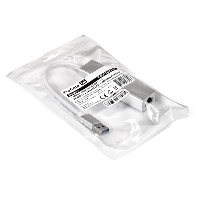 Кабель-адаптер ExeGate EXE-77U3T-45 USB3.0 -- 3xUSB3.0 + 1xRJ45 UTP 1000Mbps RTL8153, корпус алюминиевый, серебристый EX294185RUS