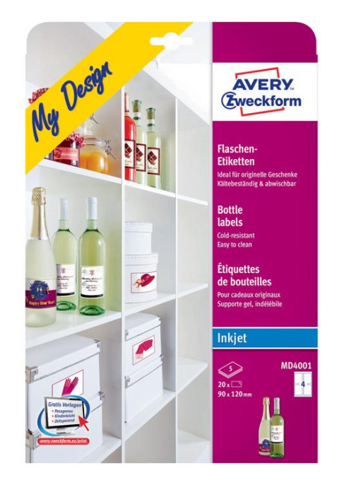 Этикетки Avery Zweckform MD4001, A4, для струйной печати, 5л, белый, 90мм х 120мм, 4шт, покрытие глянцевое