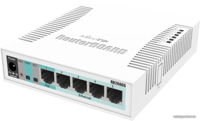 Управляемый коммутатор 2-го уровня Mikrotik RouterBOARD RB260GS настольный, 5xGbit, 1xSFP, PoE