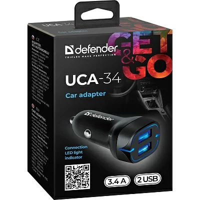 Defender UCA-34 Black 83834 Автомобильное зарядное уст-во USB(Вх. DC12-24V Вых. DC5V 17W 2xUSB)