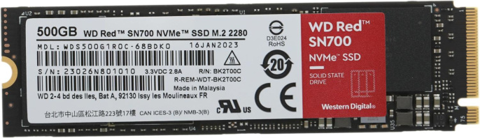 SSD накопитель WD Red SN700 WDS500G1R0C 500ГБ, M.2 2280, PCIe 3.0 x4,  NVMe,  M.2