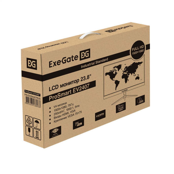 Монитор 23.8" ExeGate ProSmart EV2407 (VA LED Grade A+, FHD, 1920x1080@75Гц, 16:9, 250cd/m2, 3000:1, 178°/178°, 5ms, D-Sub, HDMI, Flicker-free, кабель HDMI 1.5м, VESA, регулировка наклона (tilt), черный) EX294427RUS