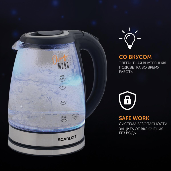 Чайник электрический Scarlett SC-EK27G36, 1.8л, стекло/пластик