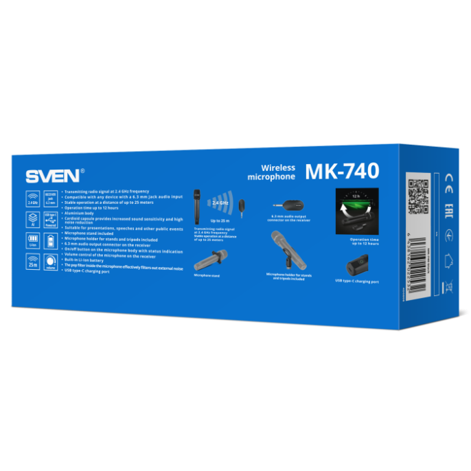 Микрофон Sven MK-740 SV-022532 беспроводной, динамический, ручной, кардиоидная направленность, 100-12000 Гц, 60 дБ, разъем подключения: 6.3 мм, радиус действия: до 25 м, время работы до 12 часов, аккумулятор микрофона: Li-Ion 180mAh, аккумулятор ресиве