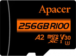 Карта памяти Apacer AP256GMCSX10U8-R 256GB microSDXC, класс 10, UHS-I класс U3 , V30, A2, скорость чтения: 100МБ/с, скорость записи: 80МБ/с, с адаптером