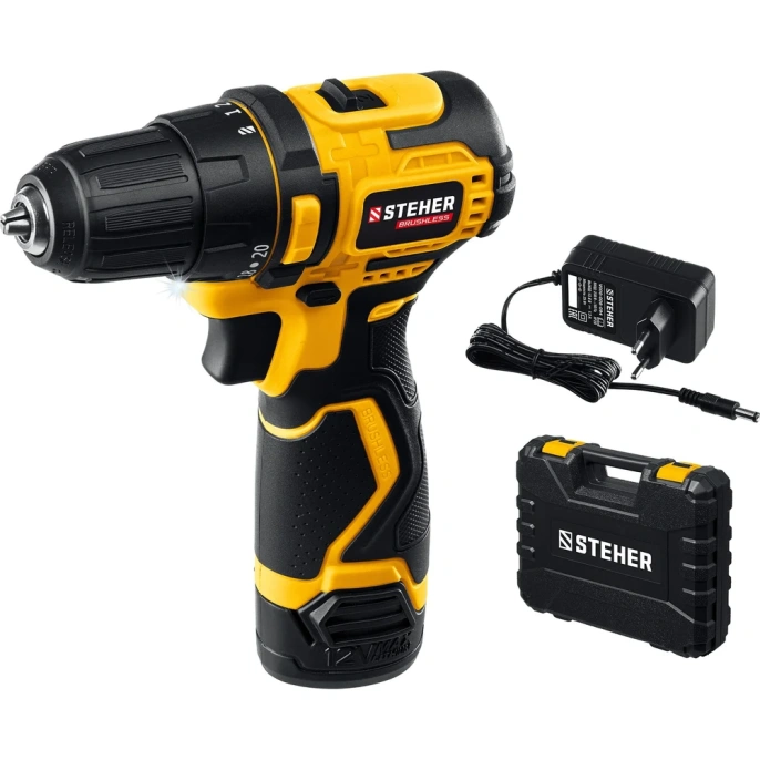 Бесщеточная дрель-шуруповерт STEHER 12 В, 40 Нм, 1 АКБ х 2 Ач, кейс CDB-120-1