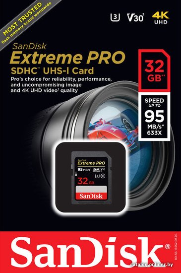 SanDisk Карта памяти 32GB Extreme PRO SDHC Card UHS-I V30 U3. Цвет: черный SDSDXXG-032G-GN4IN