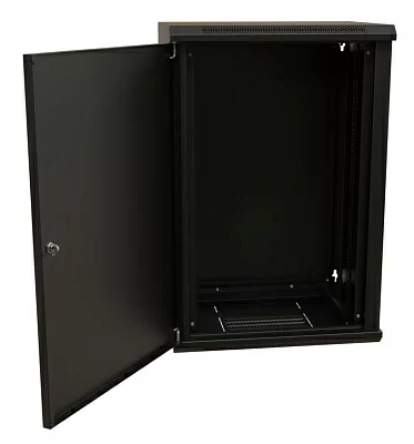 Шкаф коммутационный WRline (WR-TW-1845-SR-RAL9004) настенный 18U 600x450мм пер.дв.металл 2 бок.пан. 60кг черный 370мм 908мм IP20 сталь