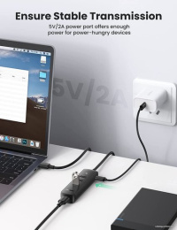 Хаб UGREEN CM416-80657 USB-A 3.0 to 4 USB-A 3.0, с проводом 1m; Поддержка жесткого диска 12 ТБ; С портом питания Type-C; Светодиодные индикаторы; Скорость до