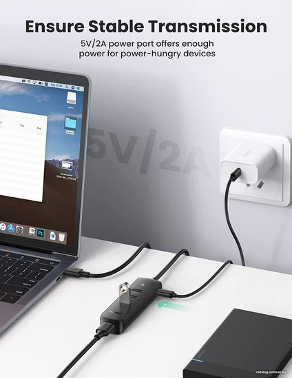 Хаб UGREEN CM416-80657 USB-A 3.0 to 4 USB-A 3.0, с проводом 1m; Поддержка жесткого диска 12 ТБ; С портом питания Type-C; Светодиодные индикаторы; Скорость до