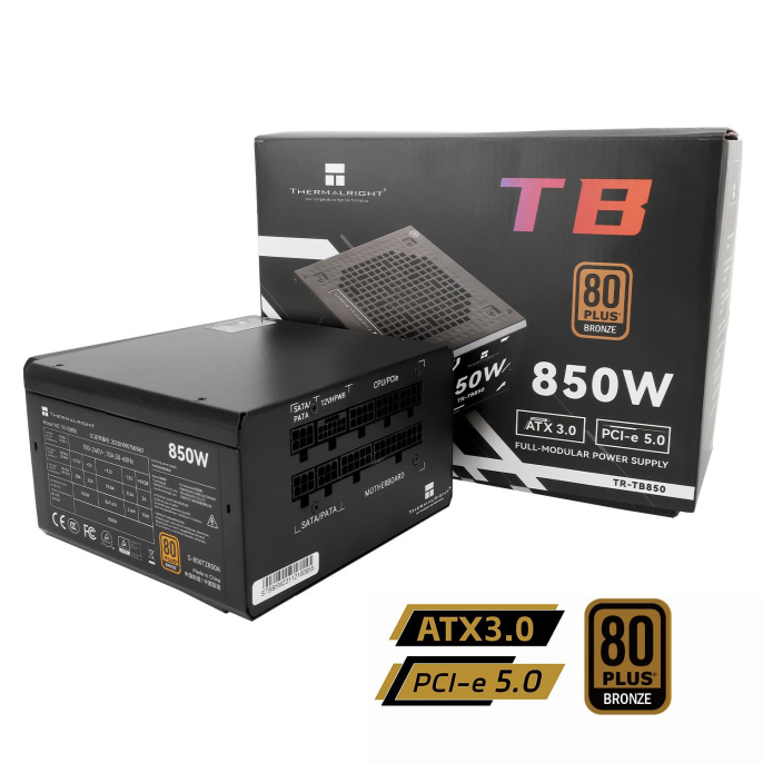 Блок питания 850W/ Power Supply Thermalright, 850W 80+ Bronze ATX, 3.0, PCIe 5.0, Full modular, 1x24 20+4 pin, 2xCPU 8 4+4 pin, 4xPCIe*2 8 6+2 pin, 3xSATA3, 1x12+4pin 12VHPWR PCIe 5.0 12+4pin 600mm , 3xMOLEX4pin, Active, 120x120mm, 150x140x86mm, APFC, b (
